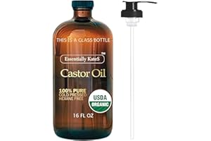 Essentially KateS Castor Oil 16 Fl Oz (Glass Bottle) - 100% Cold Pressed - USDA Organic Certified - Skin Care, Nail Care, Hair Care and Body Care