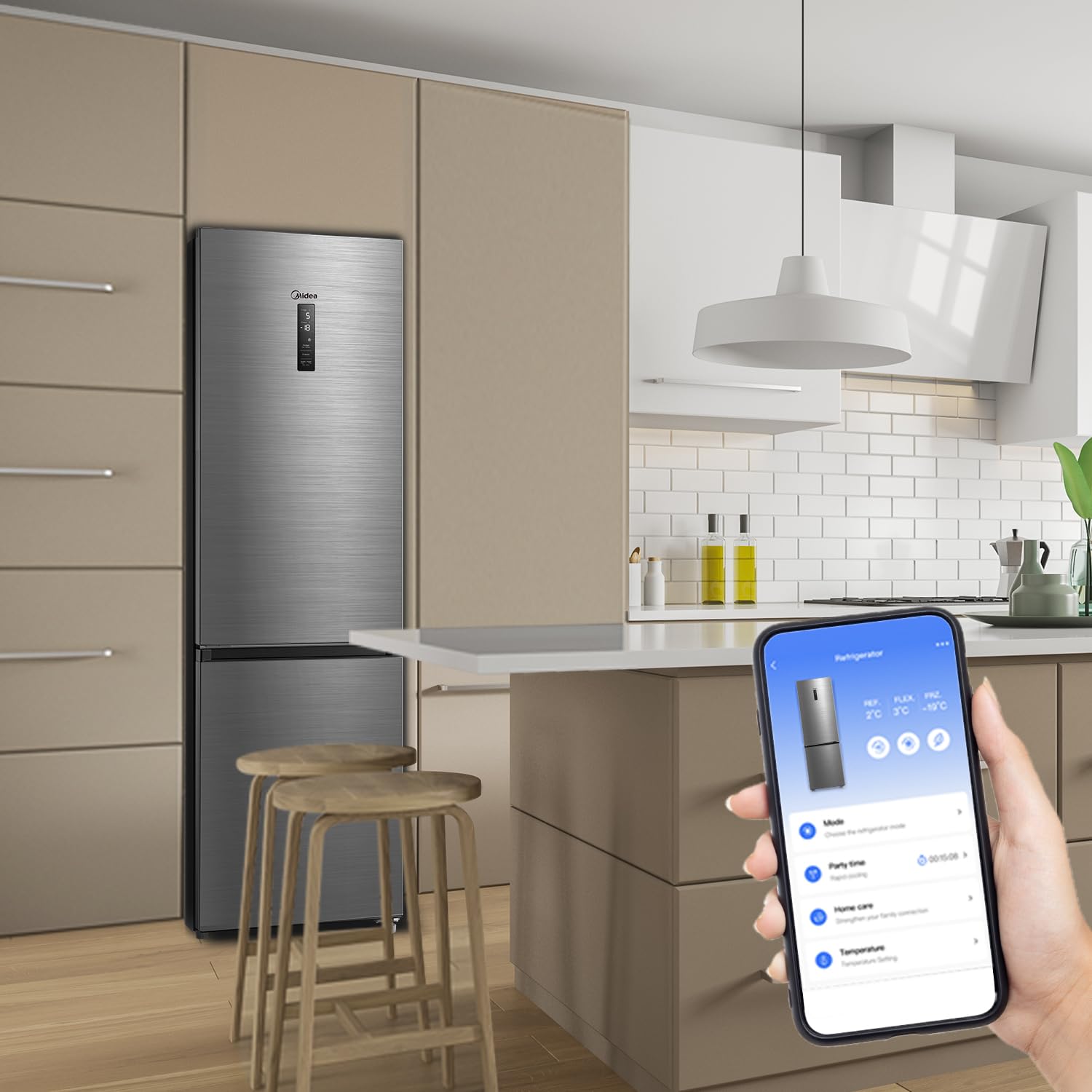 Midea MDRB521MIC46A Kühl-/Gefrierkombination/No Frost/WiFi-Steuerung/Inverter Kompressor/201 cm hoch / 59,5 cm breit /70 cm tiefe/177 kWh/Jahr/256 L Kühlteil/122 L Gefrierteil, Front Inox 4