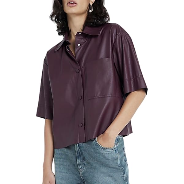 Women's Faux Leather T-Shirt - Short Sleeve PU Leather Crop Top, Loose Fit V-Neck For Summer & Going Out - View #13