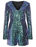 ROMWE Women's Long Sleeve V Neck Sequin Bodycon Party Romper Dress