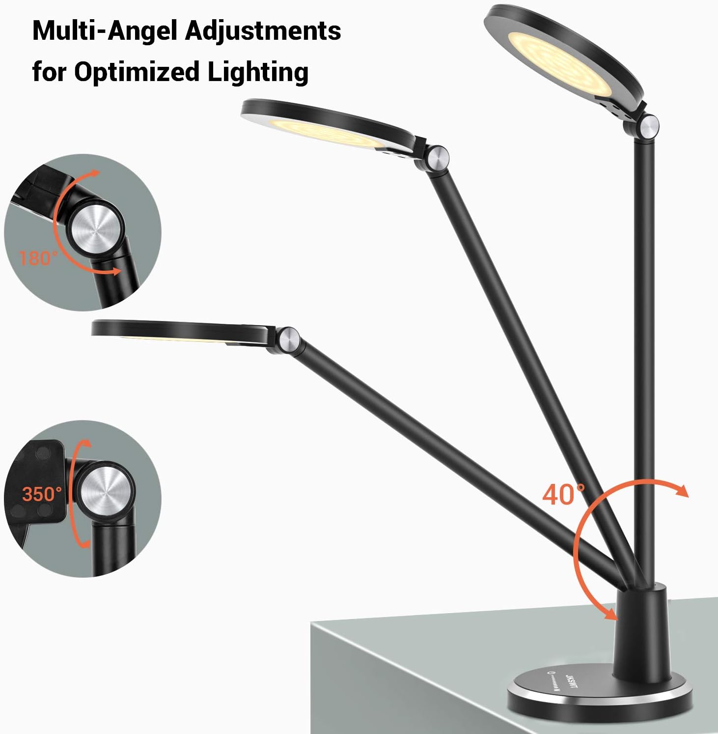 LED Desk Lamp, JUKSTG Eye-Caring Desk Light, Home Office Lamp, Adjustable Table Lamps with 10 Brightness Levels and 5 Lighting Modes, Touch-Sensitive Control, Blue Light Filter, 12W Reading Lamp, Black - - 