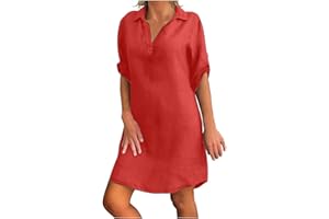 F_GOTAL WOMENS DRESSES F_Gotal Women Summer Sundress Boho Plain Midi Dress High Waist Empire Lace Dress Hollow Out 3/4 Sleeve Swing Sundress