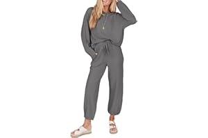 SHEWIN Women's 2 Piece Outfits Waffle Knit Lounge Sets Casual Long Sleeve Tops Matching Drawstring Pants Tracksuit Set