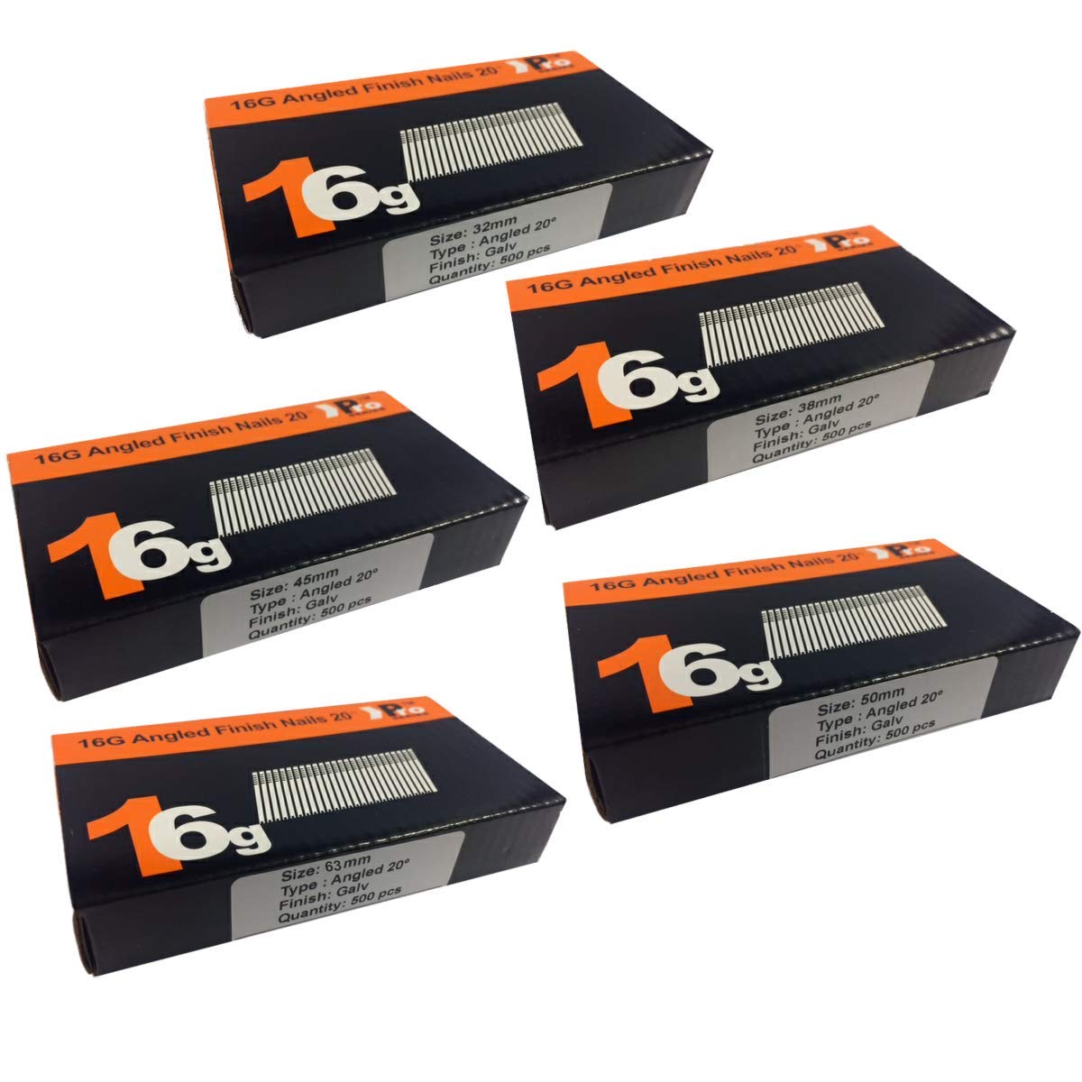 2500 Nails 32mm,38mm,45mm,50mm,64mm-16g Angled for Dewalt, Paslode, Hitachi