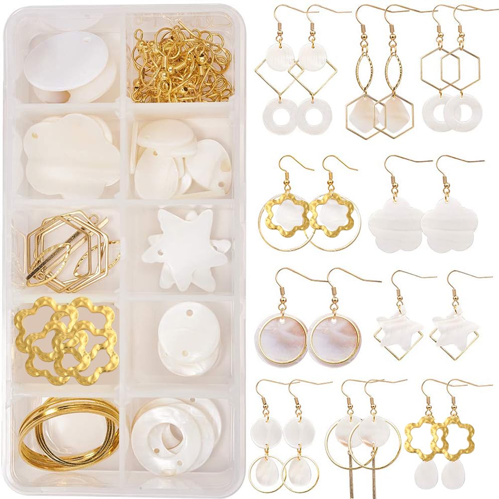 SUNNYCLUE 1 Box DIY 10 Pairs Natural Shell Earrings Making Kit Include Geometric White Seashell Charm Pendants & Metal Hollow Links Jewellery Accessory for Women Beginners, Golden