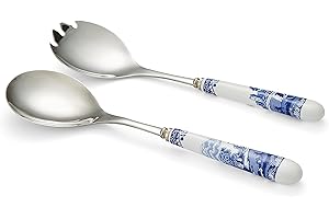 Spode Blue Italian Salad Servers Set - 10 Inch Spoon & Fork Serving Utensils Duo with Porcelain Handles and Stainless Steel H