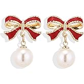 Bow Earrings Dainty Pearl Bow Earrings Bowknot Christmas Earrings for Women Valentines Day Wedding Party Daily Jewelry