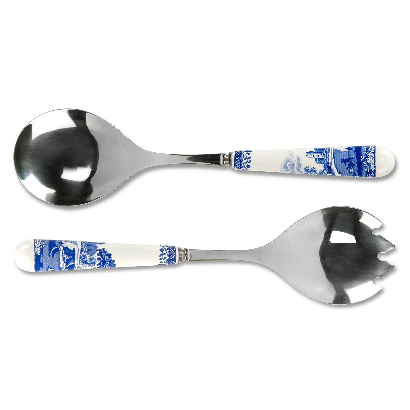 Portmeirion Spode Blue Italian 25 cm Porcelain handled and Stainless Steel Salad Servers, Set of 6, Blue/White, Blue & White