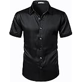 ZEROYAA Men's Hipster Shiny Silk Satin Shirt Regular Fit Short Sleeve Casual Button Down Dress Shirts for Summer Party
