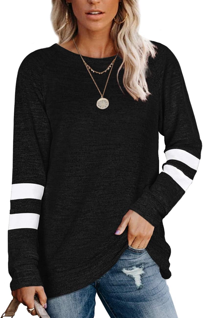 Womens Crewneck Sweatshirts Color Block Long Sleeve Sweaters Tunic Tops