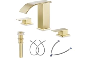 AVSIILE Waterfall Bathroom Faucet 3 Hole, Brushed Gold 8 Inch Widespread Bathroom Faucets & Parts, Modern 3 Piece Bathroom Sink Faucet, Touch On Lavatory Faucet for Bathroom Vanity Sink, Curved Spout