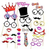 Cxy Photo Booth Props 31pcs Diy Kit For Birthday Party, Various Colors of Mustache, Glasses Frames, Ties, Lips, Crown, Pipe, Eyes, Hat and Happy Birthday Sign