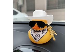 A yellow toy duck, wearing a white cowboy hat and a yellow scarf, carrying a gun on its back.