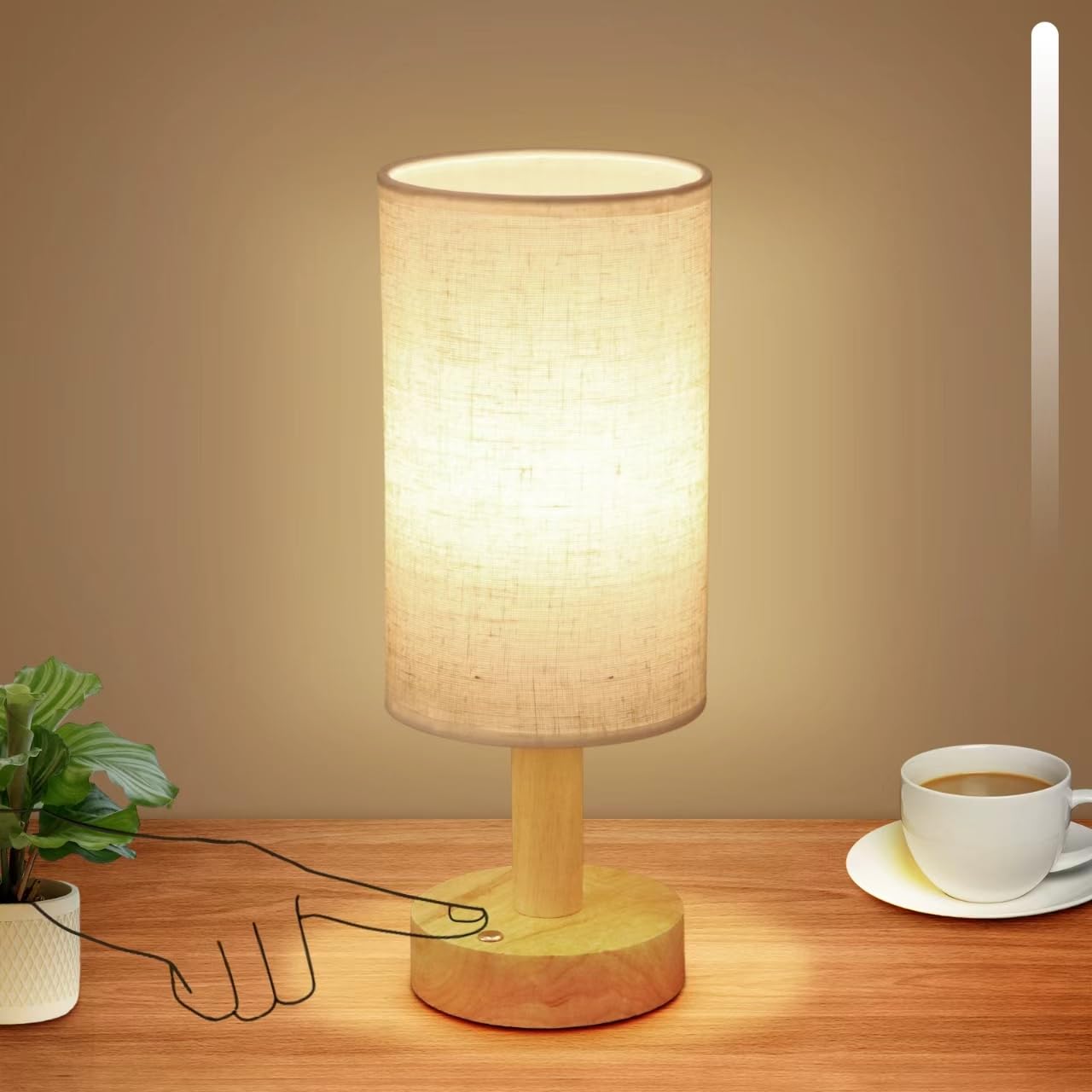 Photo 1 of Rechargeable Cordless Touch Table Lamp with Stepless Dimming,Natural Wood Base&Linen Shade,Small Battery Wireless Ambient Night Light for Bedroom,Bedside,Nightstand,Nursery,Kitchen,Camping,Outdoor