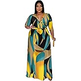 Runwind Plus Size Dresses for Women Floral Maxi Dress Flowy 3/4 Sleeve with Belt