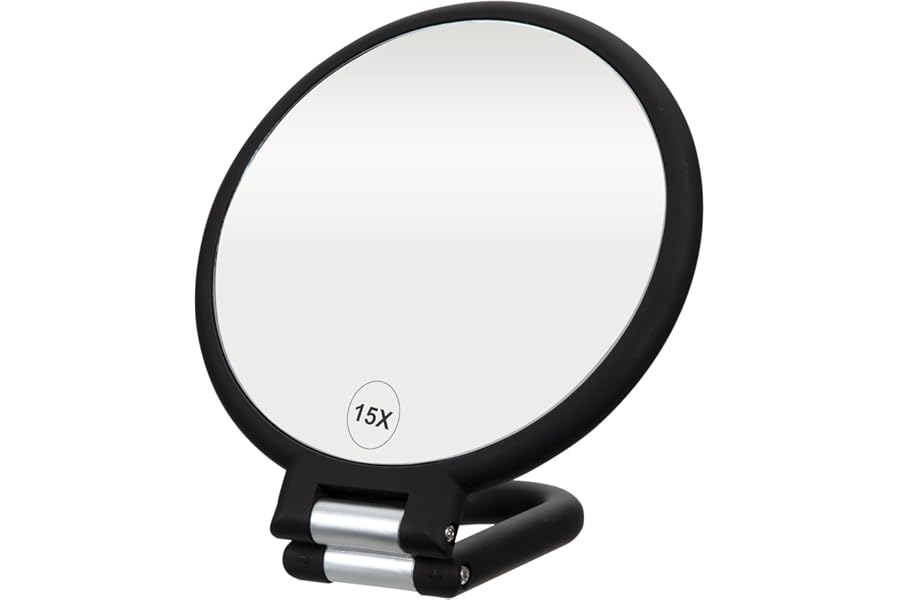 ForPro Professional Collection Premium Magnifying Handheld Mirror, 1X/15X Magnification Hand Mirror, Folding Adjustable Handle, for Makeup, Travel, Black