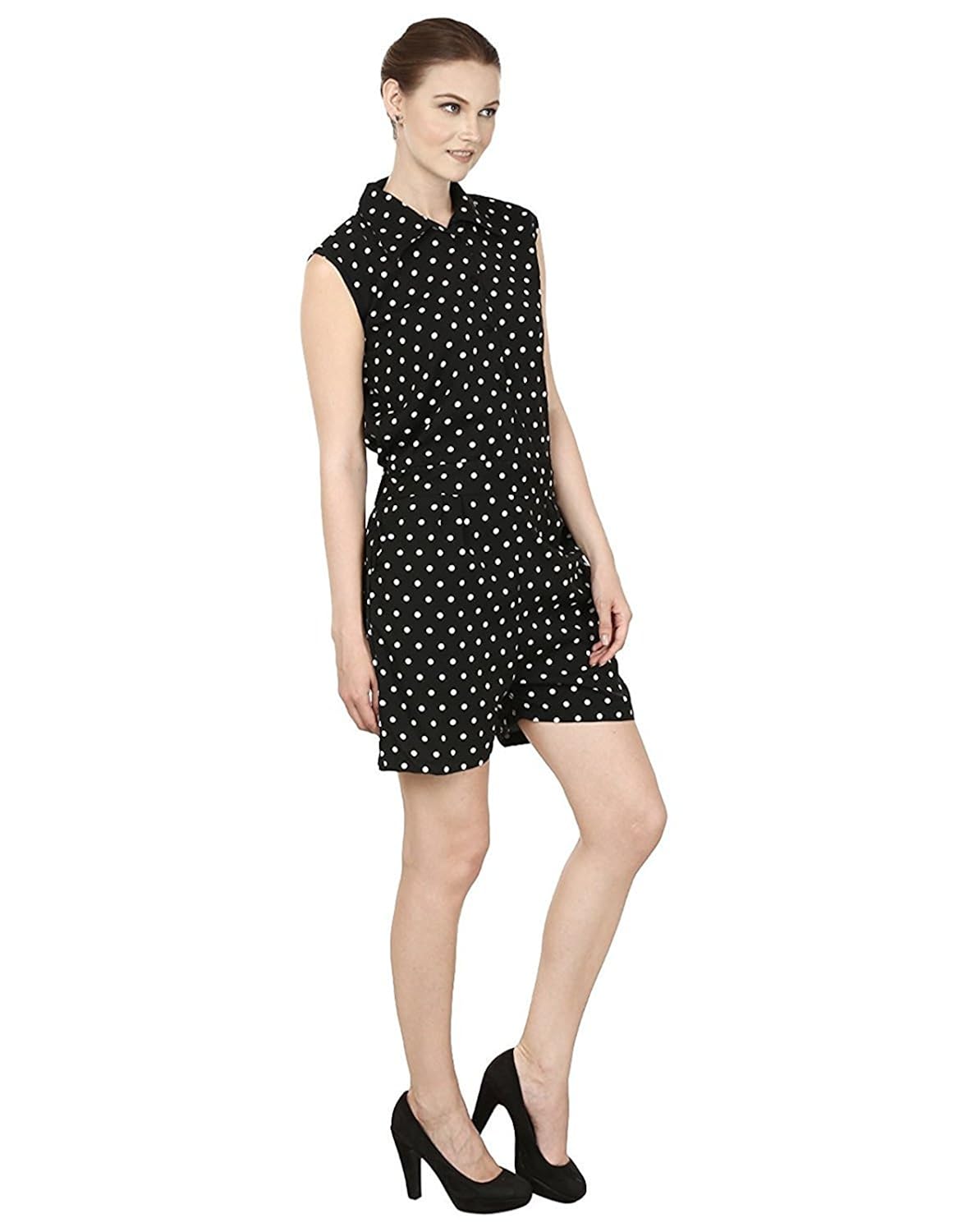 my swag women dots printed collared sleeveless jumpsuit