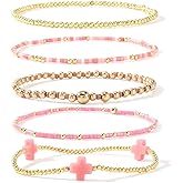 Bohxantium Gold Beaded Bracelets Stack for Women Valentines Day Gifts for Her Stackable 14K Gold Plated Beads Ball Cross Bracelet Boho Christian Jewelry Faith Friendship Birthday Gifts for Women