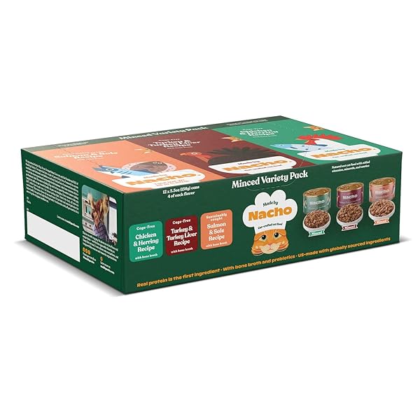 MADE BY NACHO PREMIUM MINCED WET CANNED CAT FOOD WITH HYDRATING BONE BROTH 5.5OZ (12 PACKS) (VARIETY PACK (TURKEY & TURKEY LIVER, CHICKEN & HERRING, AND SALMON & SOLE))