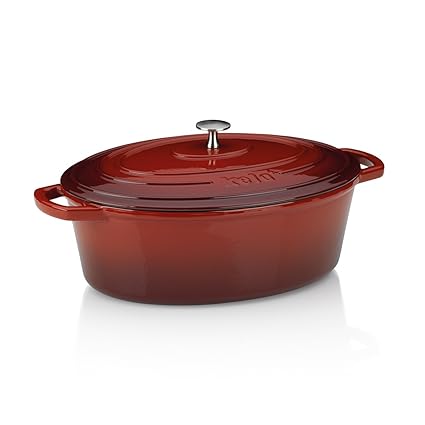 Kela 11942 Bräter mit Deckel, Gusseisen, Emaille-Beschichtung, Hohe Wärmespeicherung, Induktionsgeeignet, 6 L, Rot, Oval, Cal