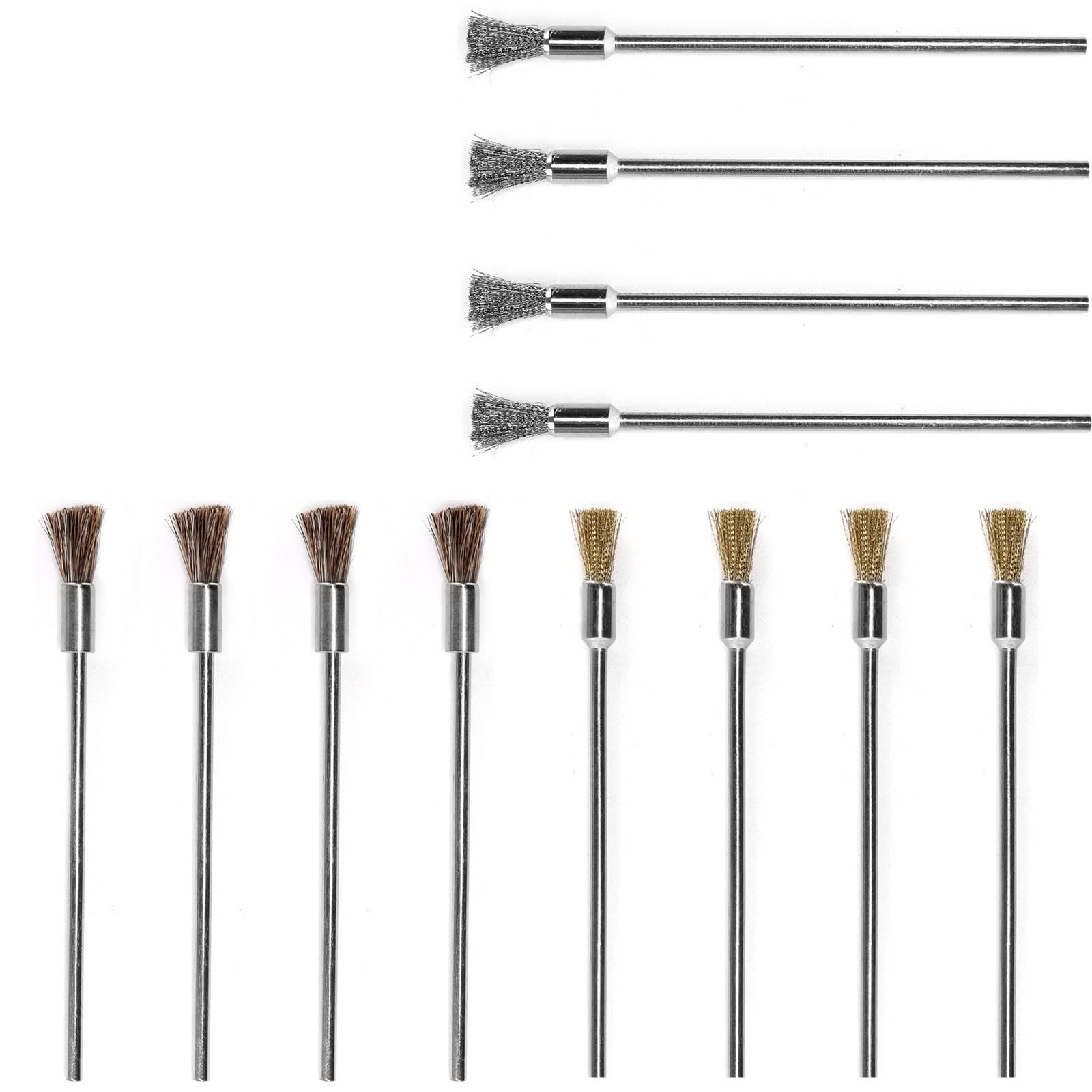 Ruimou 12Pcs Cleaning End Brushes (Brass, Horsehair, Stainless Steel) Shaft 3mm Shank 100mm for Dusting, Sanding, Rust Removal