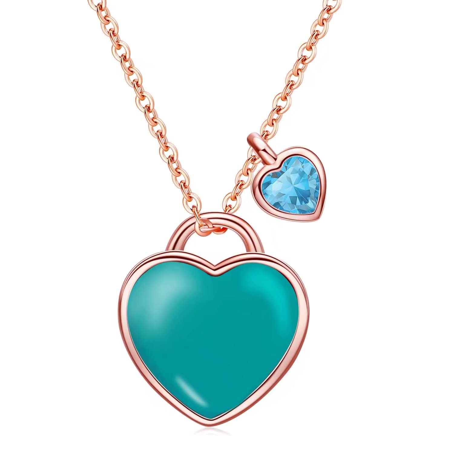 Qings December Turquoise Birthstone Necklace - Blue Topaz Tanzanite Cubic Zirconia 925 Sterling Silver Platinum Plated Rose Gold Double Heart Pendant Love You Forever Adjustable Chain Present for Mom