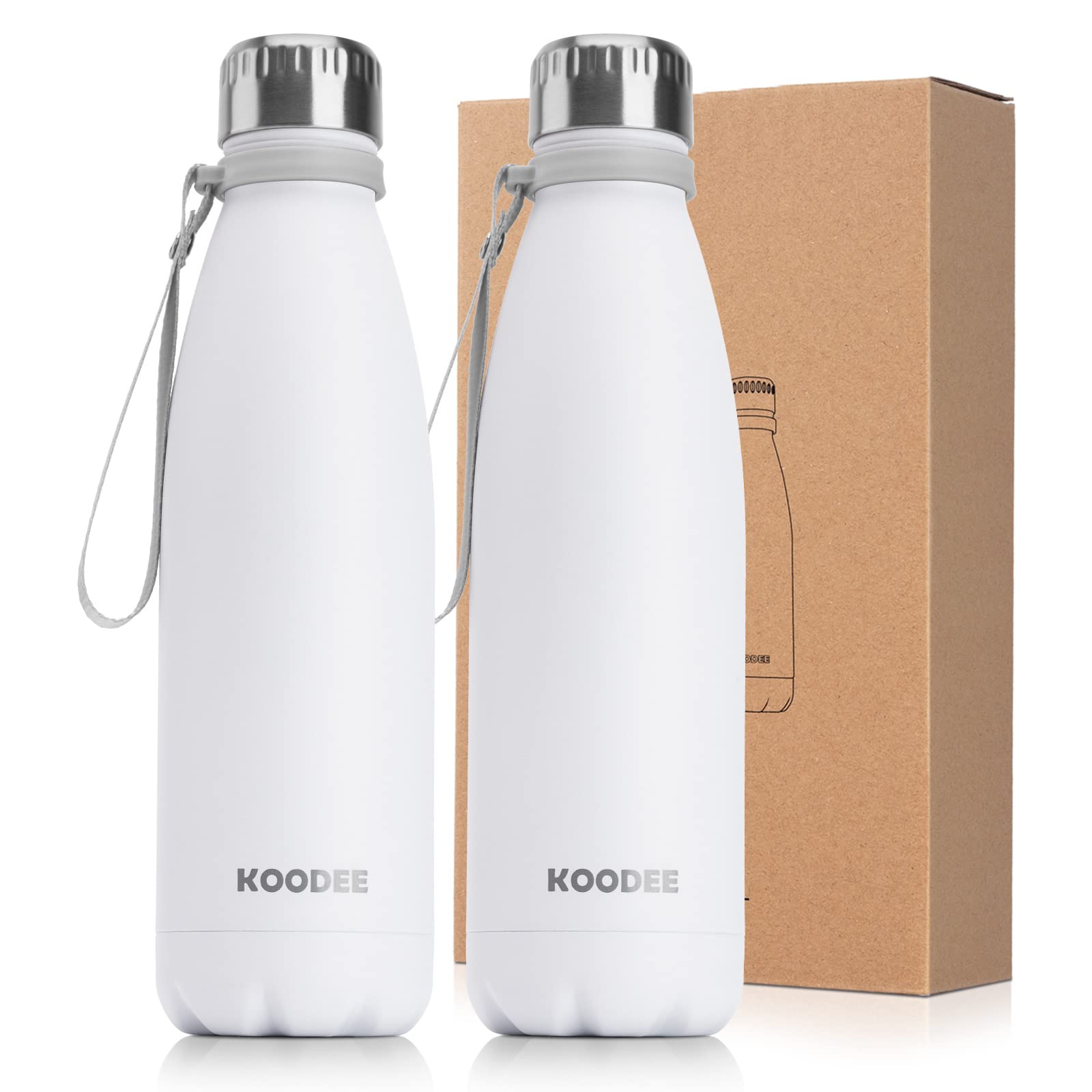 koodee Stainless Steel Water Bottle, 2 Pack 17 oz/500 ml Insulated Water Bottle, Double Wall Vacuum Sports Water Bottle, for School, Fitness, Running-PBA Free