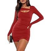 Yousify Womens Cocktail Dress Long Sleeve Bodycon Dress Fall Ruched Cut Out Sexy Fitted Club Party Mini Dress