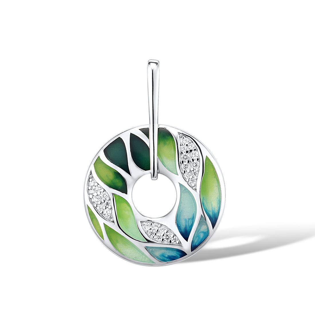 Santuzza Bamboo Leaves Pendant 925 Sterling Silver Cubic Zirconia Handmade Enamel Leaf Pendants for Women