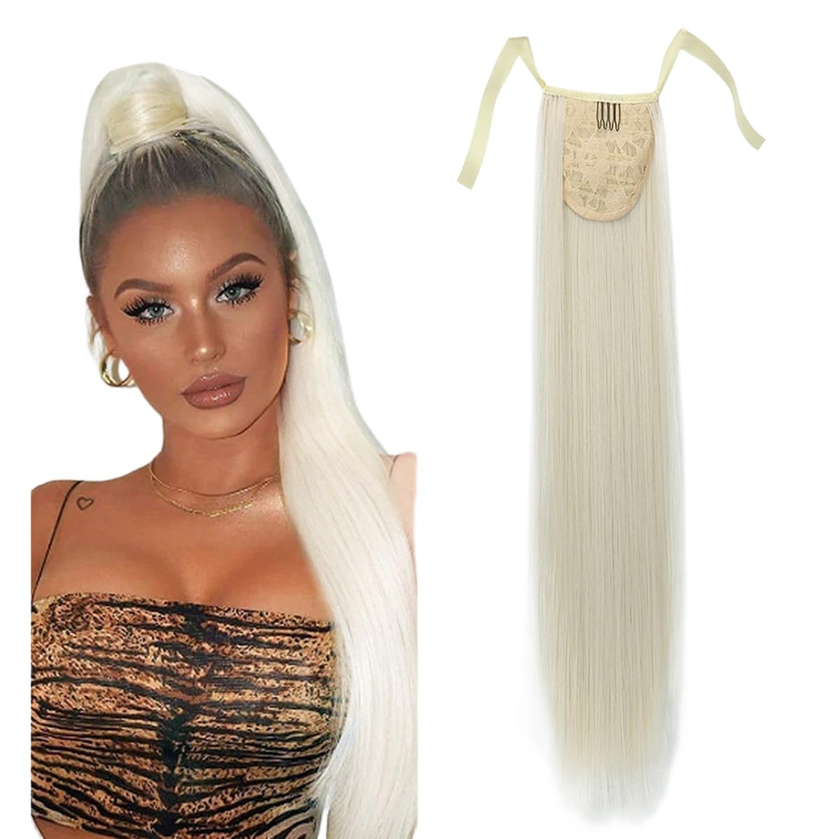 prinfantasy Ponytail Hair Extensions White Wig Straight Silky Straight Tie High Heat Temperature Wig One Piece Long Hairpiece for Women 22Inch,GBMW042 โ image 1