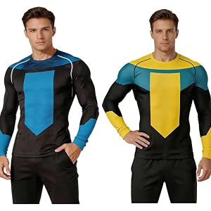 Auoctey Mens Invincible Mark Grayson Shirt Cosplay Costume Blue Invincible Costume Top Shirts Long Sleeve Summer Tshirt Suit