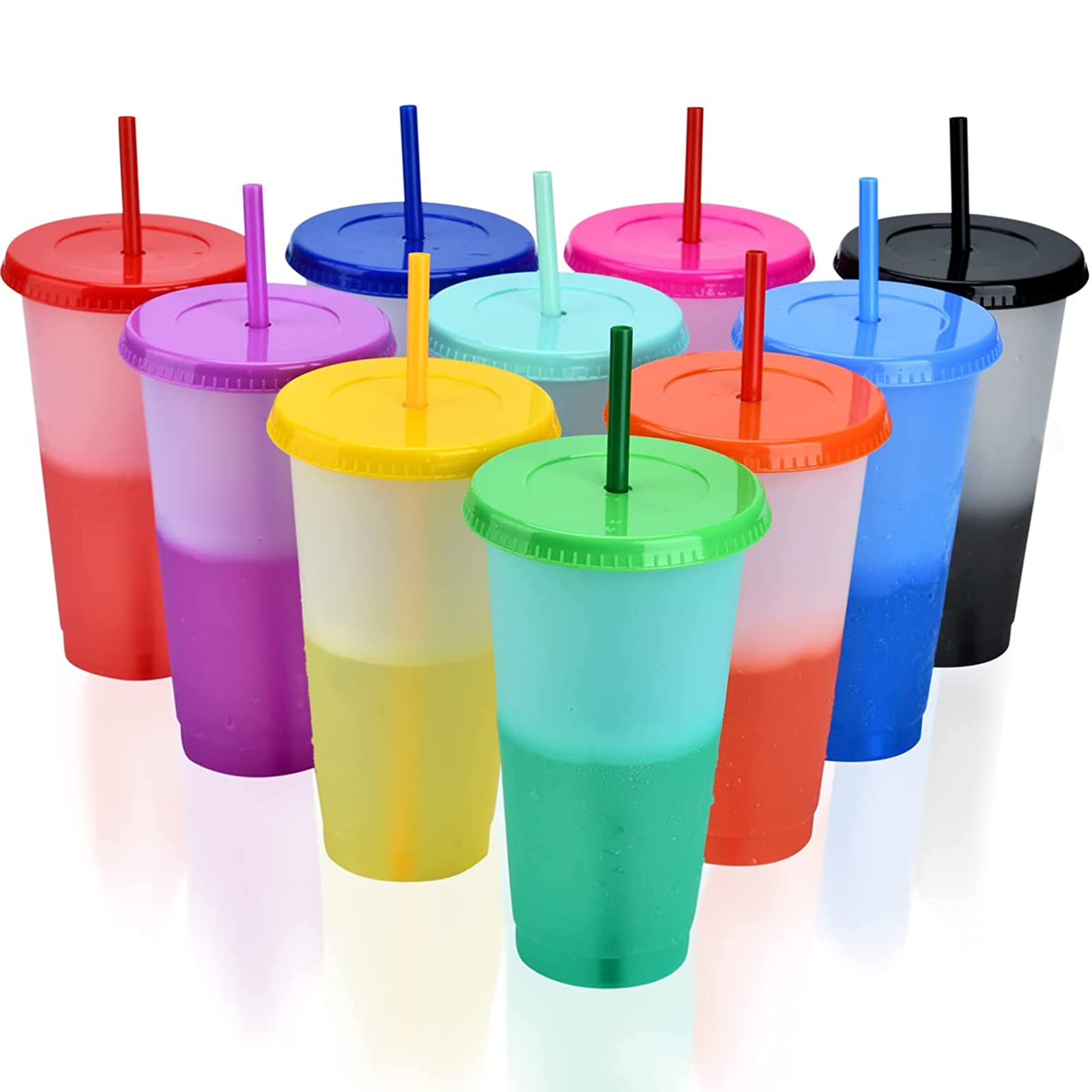 PALUDO 10 Pcs Reusable Plastic Tumblers with Lids & Straws, 24OZ Colour Changing Cups, Iced Coffee Cup Party Tumbler Set Travel Cups for Kids Adults Party Smoothie Cup Travel Mugs