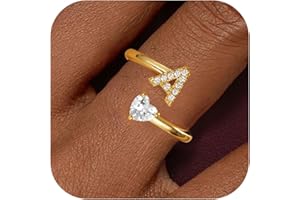 Treasure Bender Initial Gold Rings for Girls Women - Dainty 14K Gold Plated Adjustable Letter A-Z Rings Teen Girls Gifts Trendy Stuff Heart CZ Initial Ring Teens Birthday Gift for Girls Non Tarnish