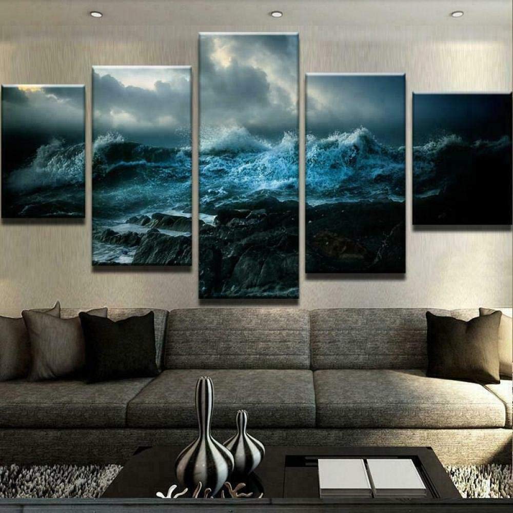 FJDHJ Indoor Decor 5 Piece Canvas Wall Art 5 Panels Oceans Wrath Storm Waves (125x60cm Abstract HD P