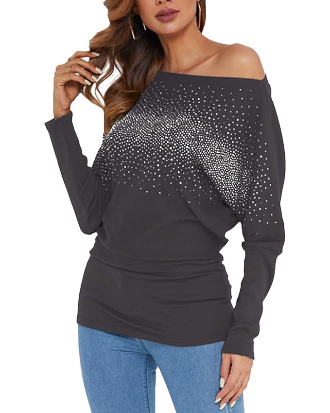 YOINS Schulterfrei Oberteil Damen Glitzer Oberteile Off Shoulder Pullover Damen Bluse Elegant Pulli Rundhals Langarm