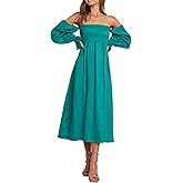 R.Vivimos Summer Dress for Women Long Sleeve Casual Plaid Print Smocked Off Shoulder A-Line Midi Dress