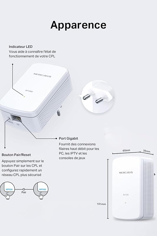 Prise CPL 1000 Mbps, Port Gigabit, Plug & Play, Kit de 2 MP500