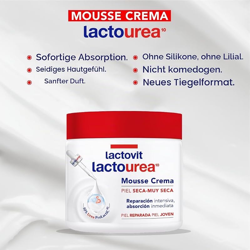 - Mousse Crème Feuchtigkeitsspendende Lactoharnstoff für Körper und Gesicht, 24 Stunden Lebensdauer, für trockene und sehr trockene Haut - 400 ml
