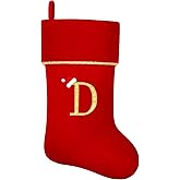 Personalized Christmas Stockings with Initials, 20 Inches Large Red Velvet Embroidered Monogram Xmas Stocking for Family Holiday Party Gifts Fireplace Decor(Letter D)