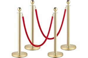 AYSIOFDY Stanchions and Velvet Ropes, Red Carpet Ropes and Poles, Crowd Control Barriers, 5 Ft/1.5 M Red Velvet Ropes, Stainless Steel Gold Stanchions Posts for Party Decorations, Movie Theater (Gold-4PCS)