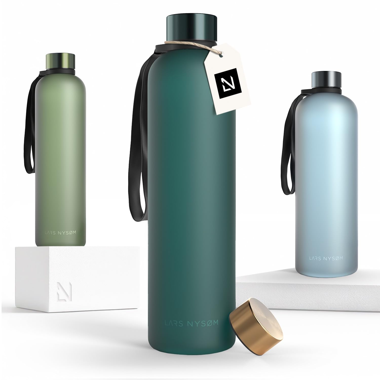 LARS NYSØM Water Bottle 34oz | Drinking Bottle 1 Liter | Ultralight Tritan Sports Flask leak-proof | Ideal for sports, office, yoga | 2 lids included (Pine Green, 1000ml)