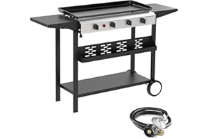 ADREAK 4 Burner BBQ Gas Griddle, 30 Inch Stainless Steel Portable Detachable Propane Griddle, 40,000 BTU Flat Top Barbecue Grill with Side Shelves for Camping (Griddle & Shelf)
