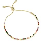 CANYEN® Multicolored Rhinestone Bracelet, 2mm CZ Tennis Bracelets, Dainty Gold Crystal Bracelet for Women, Mini Colored Diamond Bracelet, Multicolor Cubic Zirconia Bracelets, Small Colorful Rainbow Bolo Bracelets, Tiny Adjustable Non Tarnish Waterproof Mothers Day Valentine's Day Jewelry Gifts