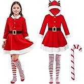 Forfamy Girls Christmas Mrs. Santa Claus Costume Red Velvet Hoodie Dress Long Sleeves with Belt, Xmas Dress Up Party Outfit
