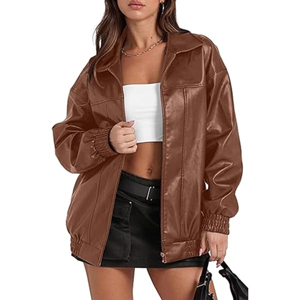 Yousify Womens Leather Jacket Long Sleeve Lapel Casual Fashion