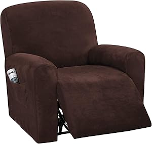H.VERSAILTEX 4-Pieces Recliner Chair Covers Velvet Stretch Reclining Couch Covers for 1 Cushion Sofa Slipcovers Furniture Covers Form Fit Customized Style Thick Soft Washable(Small, Brown)