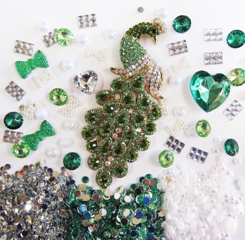 DIY 3D Bling Cell Phone Case Deco Kit: Greenland Emerald Rhinestone Peacock and Rhinestone Green Gem Cabochons