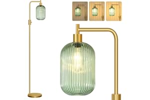 【Upgraded】 Dimmable Glass Floor Lamp for Living Room, Modern Gold Standing Lamp with Green Ribbed Glass Lampshade & Knob Dimm