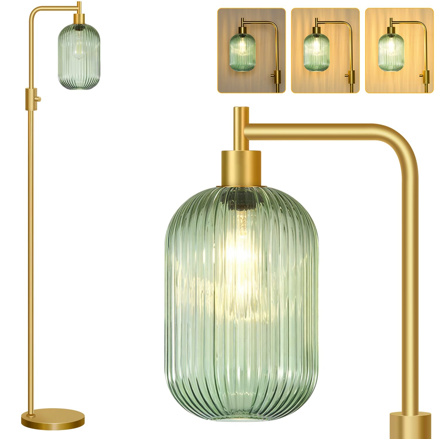 Photo 1 of ?Upgraded? Dimmable Glass Floor Lamp for Living Room, Modern Gold Standing Lamp with Green Ribbed Glass Lampshade & Knob Dimmer, Arc Tall Lamp for Bedroom Office Reading Room, 2700K Led Bulb Included