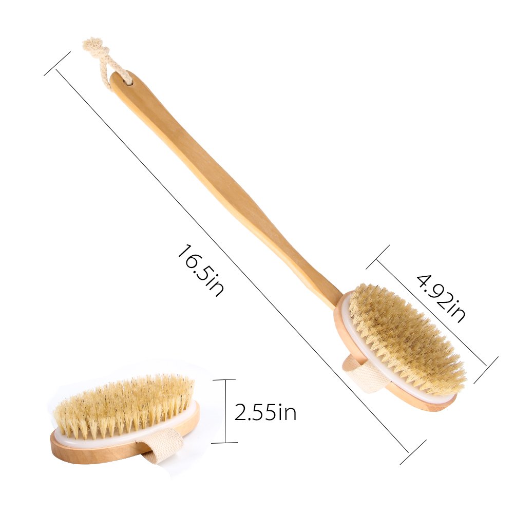 Longhandle Dry Skin Bath Body Brush - Detachable Boar Bristle Shower Brush with Grip for Elders Perfect for Cellulite and Exfoliating